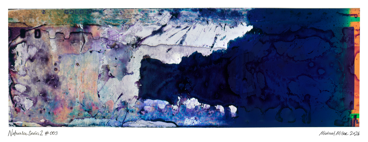 An abstract art print featuring a textured, marbled composition with deep navy blue, white, purple, and teal tones, presented with a white border and artist signatures.