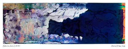 An abstract art print featuring a textured, marbled composition with deep navy blue, white, purple, and teal tones, presented with a white border and artist signatures.