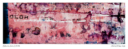 An abstract art print or painting featuring a textured, distressed background in shades of pink, red, and purple, with black text fragments and splatters. Signed on the bottom margin.