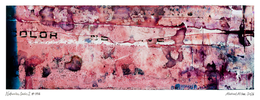 An abstract art print or painting featuring a textured, distressed background in shades of pink, red, and purple, with black text fragments and splatters. Signed on the bottom margin.