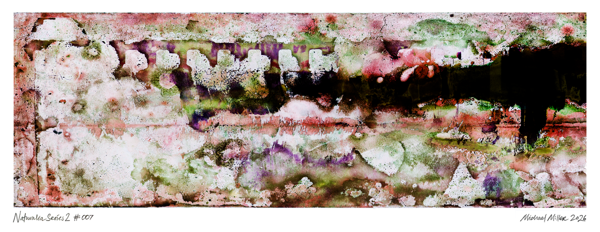 An abstract art print by artist Michael Miller, featuring a textured, painterly composition with splashes of pink, green, purple, and white over a dark background.