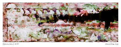 An abstract art print by artist Michael Miller, featuring a textured, painterly composition with splashes of pink, green, purple, and white over a dark background.