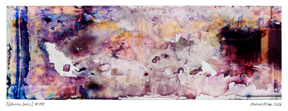An abstract art print featuring a textured, watercolor-like composition with splashes of purple, pink, blue, yellow, and brown on a distressed off-white background. Signed and numbered.