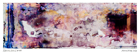 An abstract art print featuring a textured, watercolor-like composition with splashes of purple, pink, blue, yellow, and brown on a distressed off-white background. Signed and numbered.