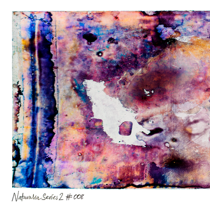 Close-up detail of Naturalia II #008, an original abstract fine art photographic print, showing splashes of purple, pink and blue on a distressed off-white ground.
