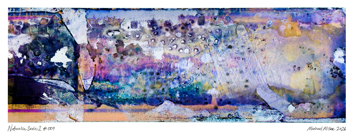 An abstract art work on textured paper, featuring a complex blend of purple, blue, yellow, orange, and black tones with splatters, drips, and layered organic patterns. Signed and numbered in black text at the bottom.
