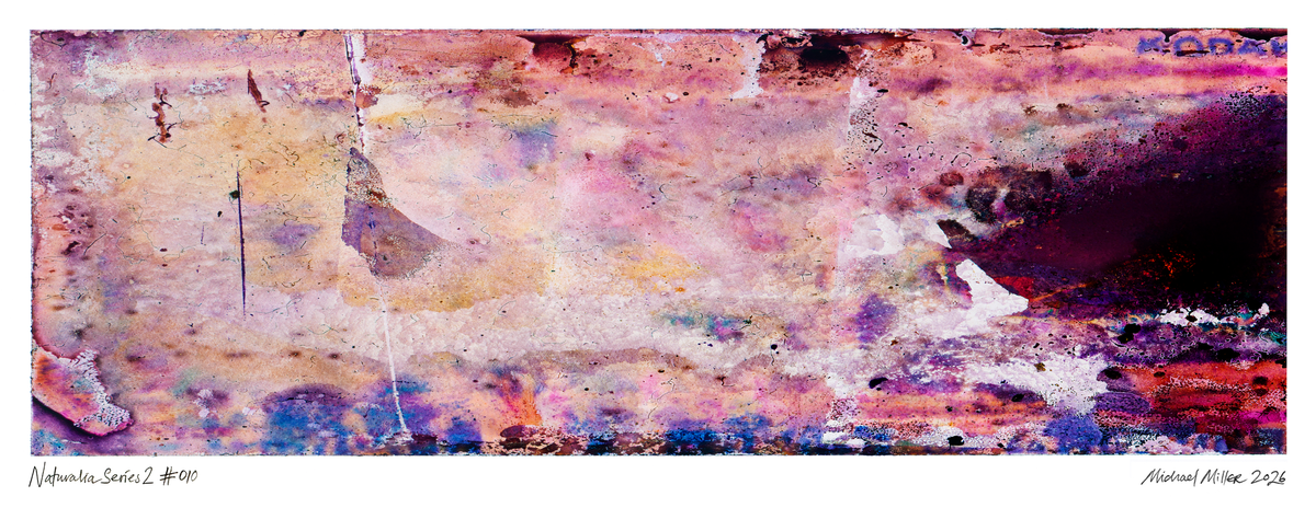 An abstract art print featuring a textured, painterly composition with a blend of pink, purple, blue, beige, and dark brown tones, presented with white margins containing artist signatures.