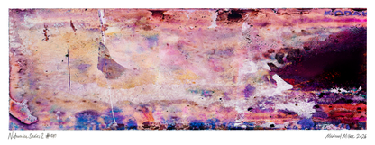 An abstract art print featuring a textured, painterly composition with a blend of pink, purple, blue, beige, and dark brown tones, presented with white margins containing artist signatures.