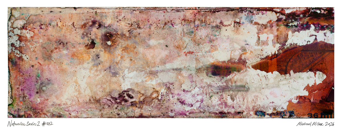 An abstract mixed-media art work with layered textures in beige, white, brown, orange, and muted purple, presented with artist signatures at the bottom.