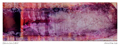 An abstract art print featuring textured, marbled patterns in shades of purple, pink, and brown, with a dark reddish-brown block on the left and a signature in the bottom right corner.