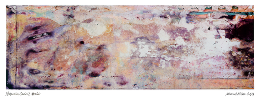 An abstract art print featuring a textured, painterly composition with blended tones of beige, purple, brown, and white, with artist signatures and numbers printed along the bottom margins.