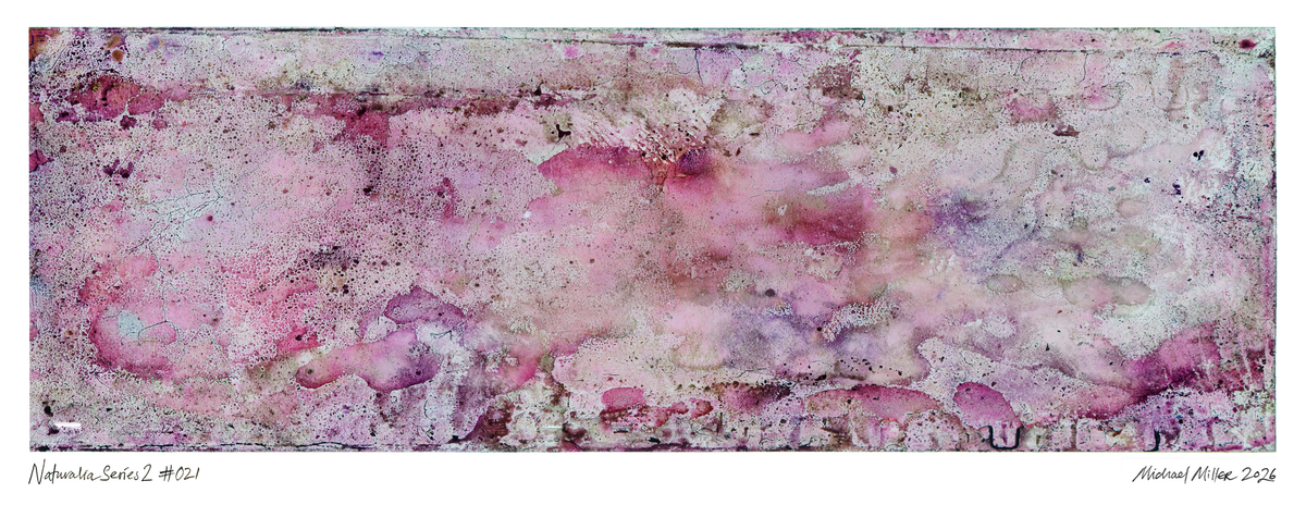 An abstract art print featuring textured, marbled patterns in shades of pink, purple, and beige, with artist signatures and edition numbers printed along the bottom margin.