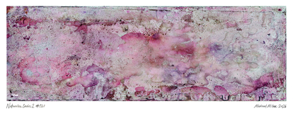 An abstract art print featuring textured, marbled patterns in shades of pink, purple, and beige, with artist signatures and edition numbers printed along the bottom margin.