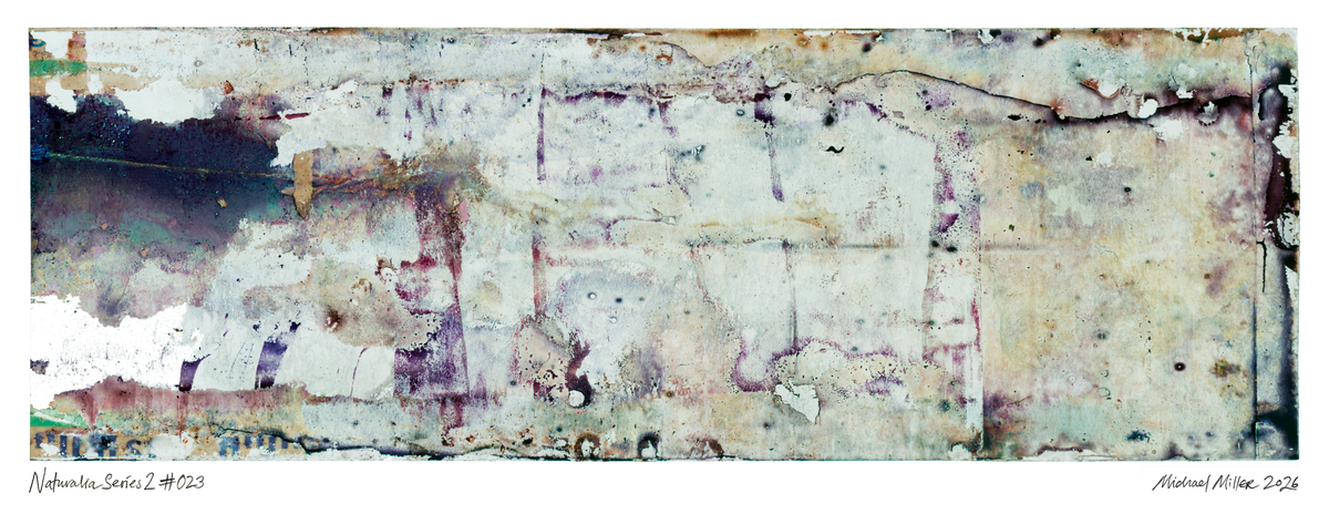 An abstract art print featuring a textured, distressed composition with layers of off-white, beige, brown, purple, and black paint. The artwork is presented with a white border, containing artist signatures and edition numbers in the bottom margin.