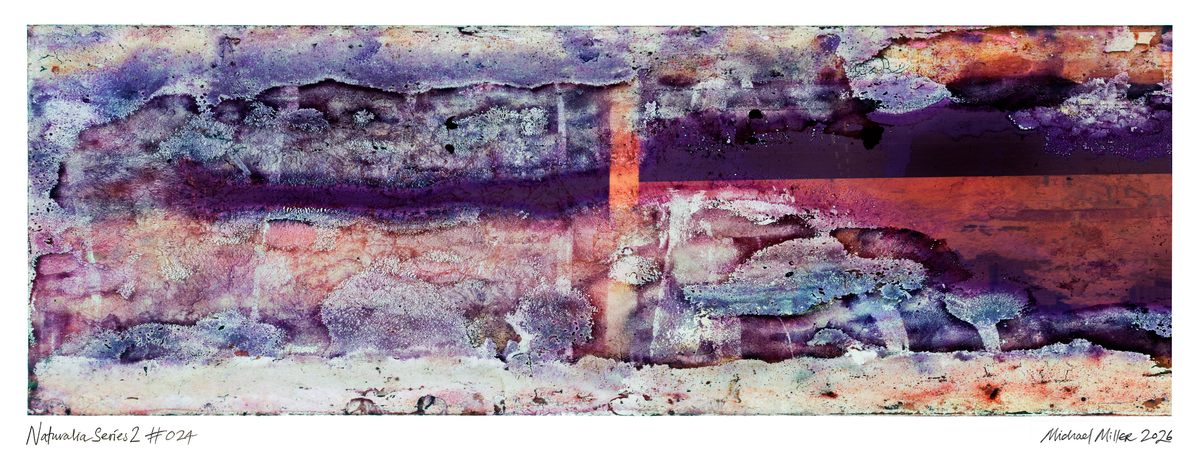 An abstract art print featuring a textured, layered composition with horizontal bands of purple, orange, brown, and gray, with a vertical orange stripe running through the center. The print includes white margins at the bottom with the artist signature.
