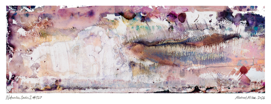 An abstract art work with layered textures in shades of pink, purple, brown, gray, and white, featuring the signature 'Michael Miller 2026' at the bottom.