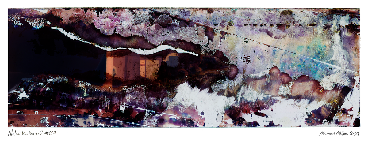 An abstract  art work of scanned film negatives with washes of purple, brown, white, black, and hints of blue. Signed and numbered text appears along the bottom margin.