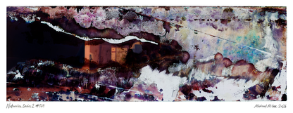 An abstract  art work of scanned film negatives with washes of purple, brown, white, black, and hints of blue. Signed and numbered text appears along the bottom margin.