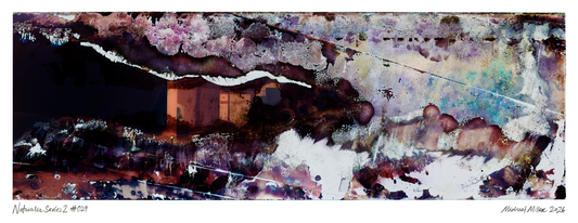 An abstract  art work of scanned film negatives with washes of purple, brown, white, black, and hints of blue. Signed and numbered text appears along the bottom margin.