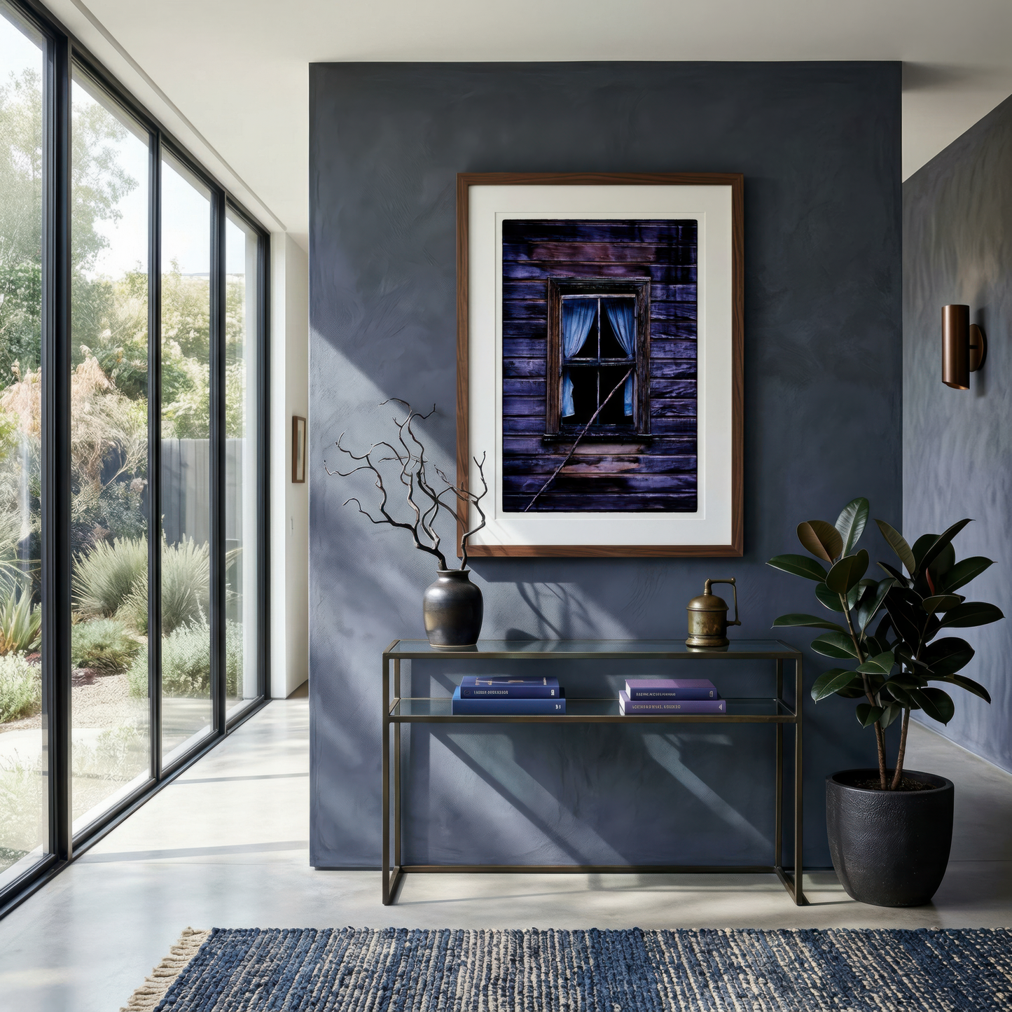 Modern interior with a framed photograph on a dark wall, a glass console table, and decorative items.