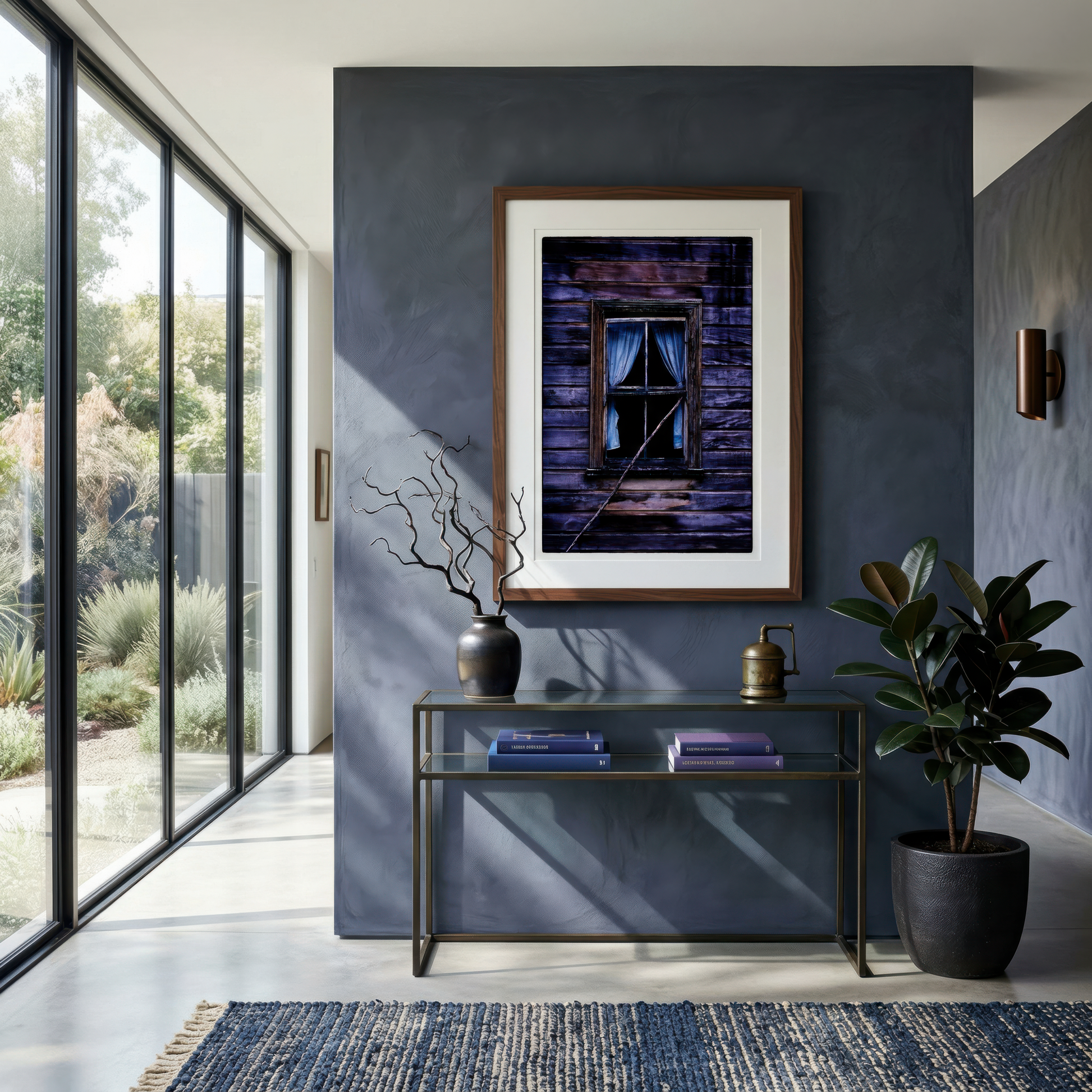 Modern interior with a framed photograph on a dark wall, a glass console table, and decorative items.