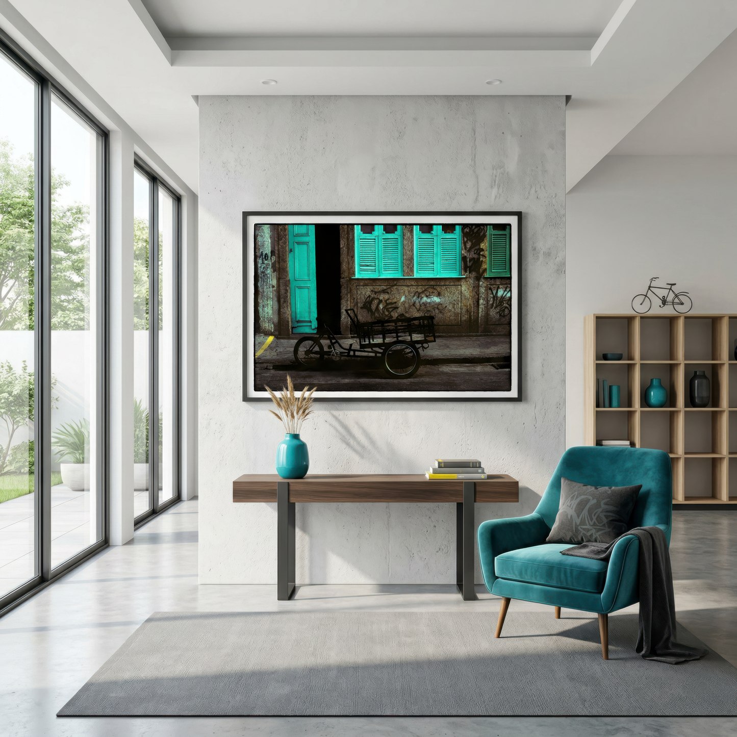 Modern interior with a teal chair, wooden desk, and framed photograph of a Rio street on a gray wall.