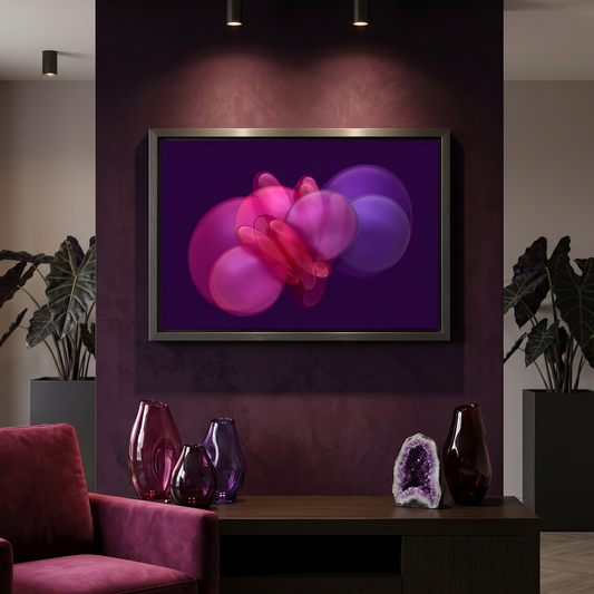 Framed abstract art piece on a wall in a room with decorative vases and a plant.