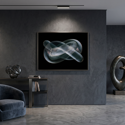 Modern interior with abstract artwork on wall, gray sofa, and decorative items.