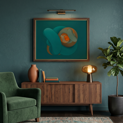 Modern living room with a green armchair, wooden sideboard, and abstract painting on a teal wall.