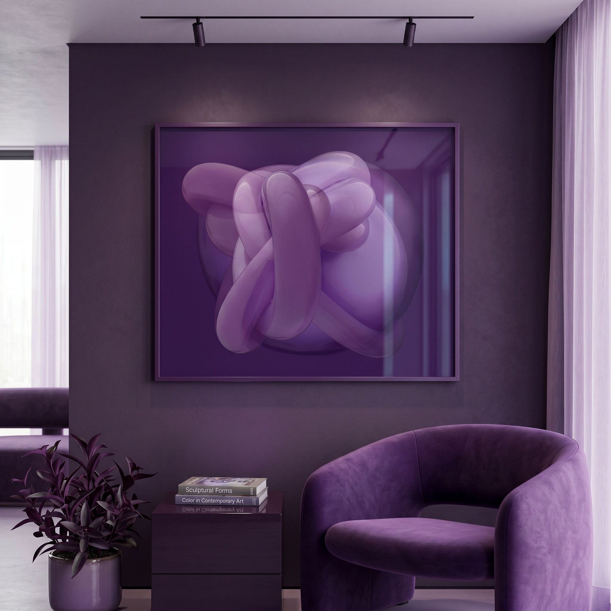Modern interior with a purple armchair and abstract art on a dark wall.