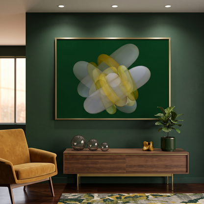Modern living room with a green wall, abstract artwork, and decorative items.