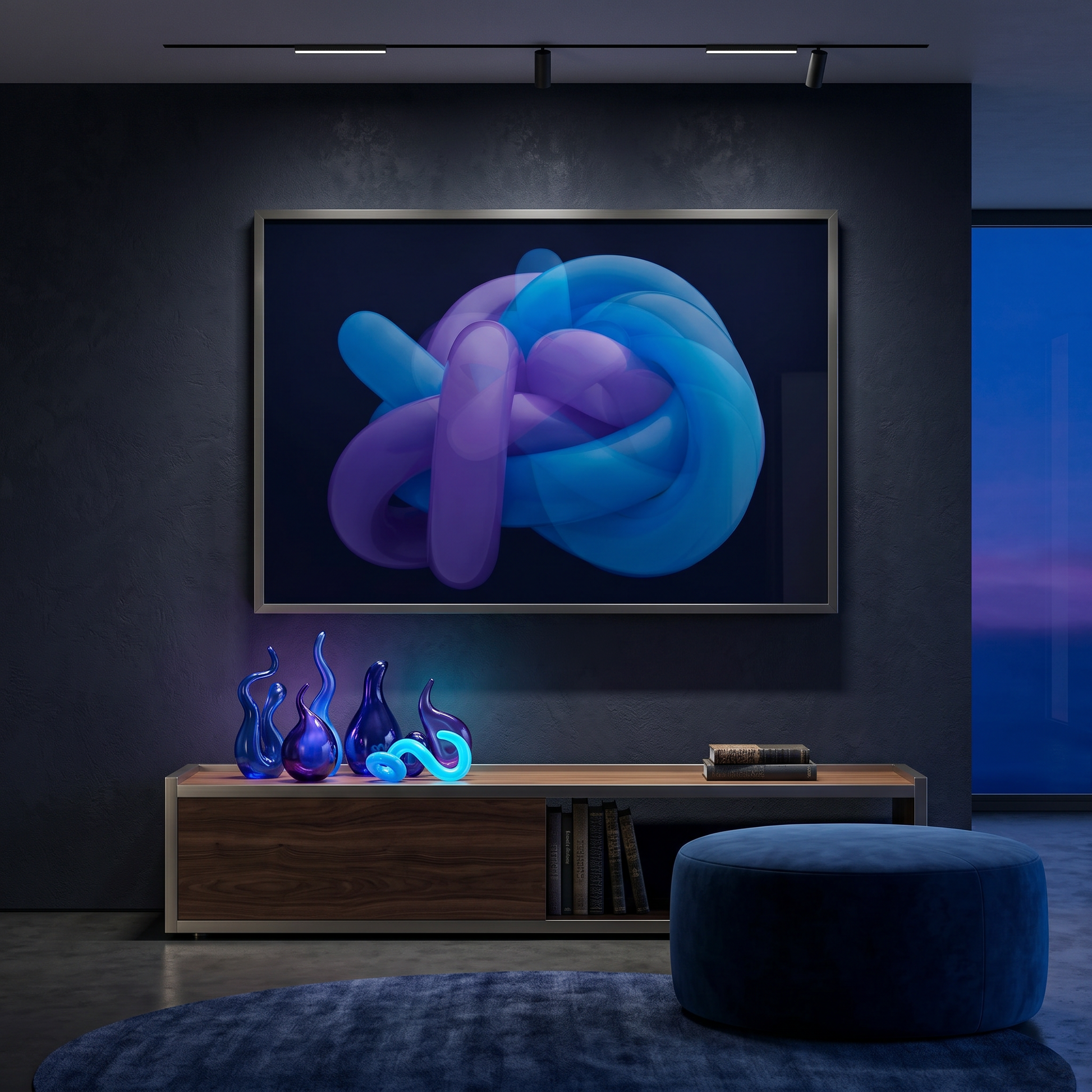 Modern living room with abstract art on the wall and decorative items on a wooden console.