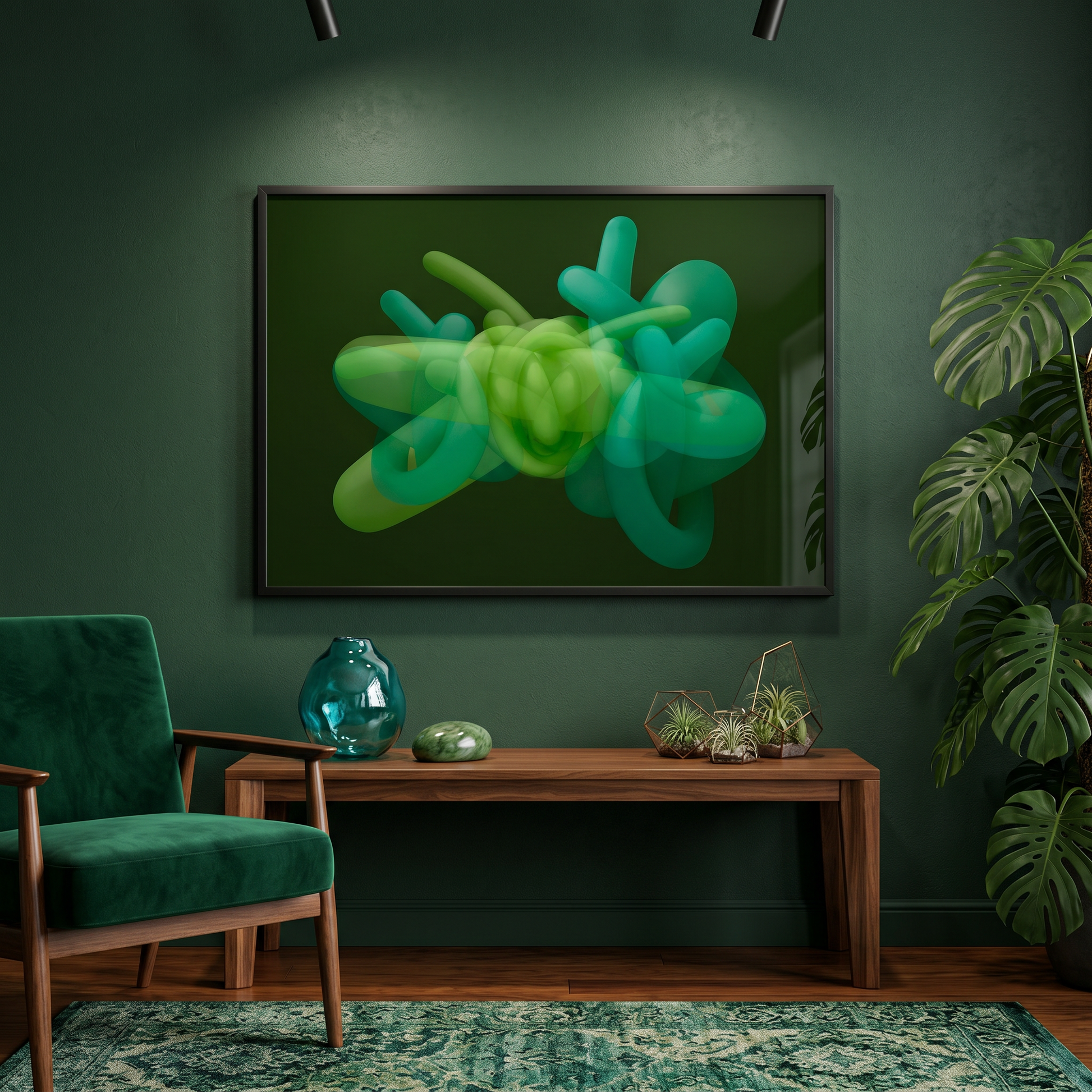 Modern living room with green abstract art, green armchair, and decorative elements.