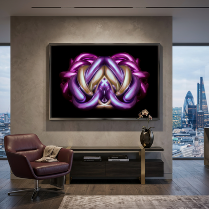 Modern living room with a large abstract art piece on the wall.