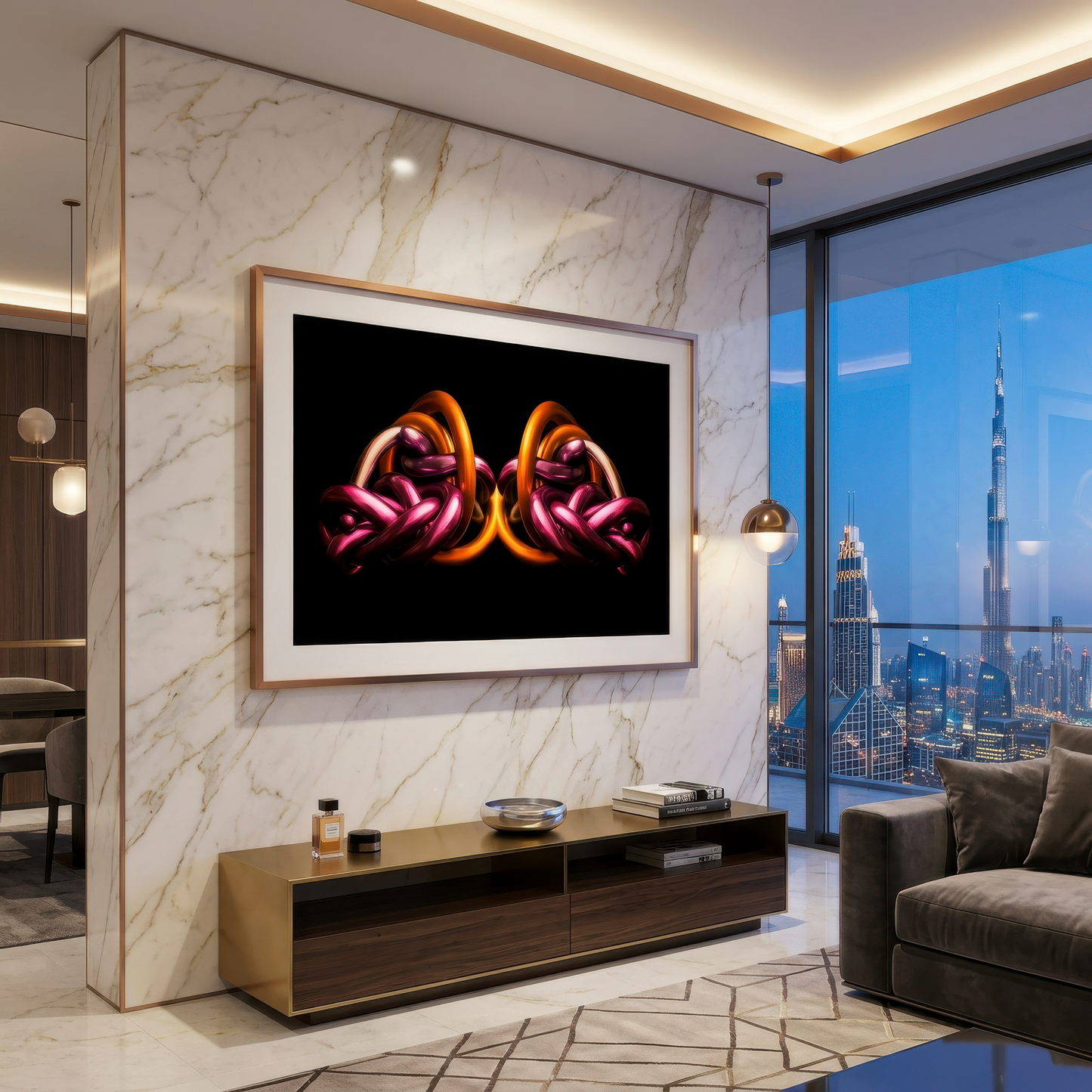Modern living room with a large abstract art, marble wall, and cityscape view.