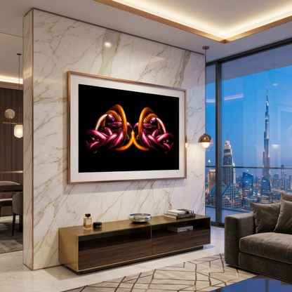 Modern living room with a large abstract art, marble wall, and cityscape view.