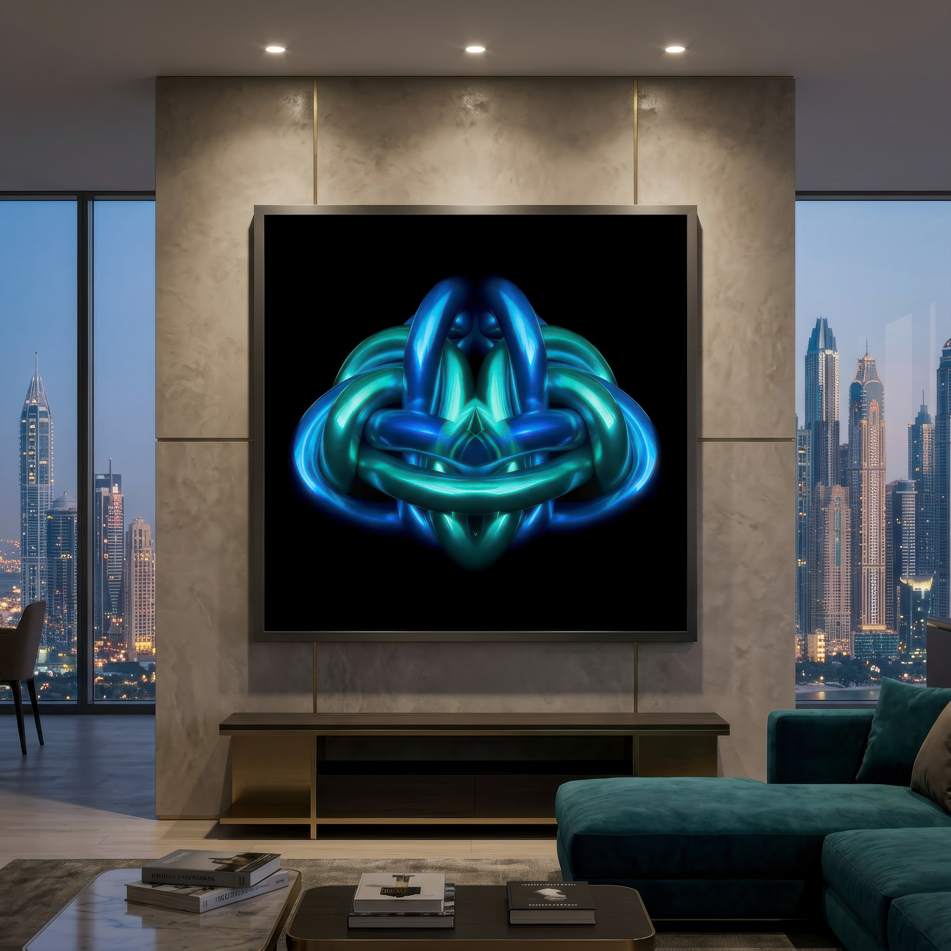 Modern living room with a large abstract artwork on the wall, cityscape view outside.