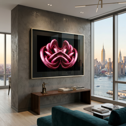 Modern living room with a large pink abstract design artwork, overlooking a city skyline.