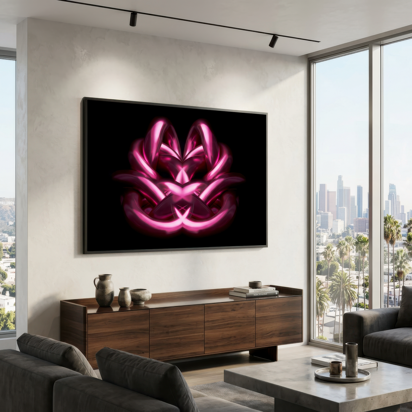 Modern living room with a large TV displaying a pink abstract design, wooden cabinet, and city view.