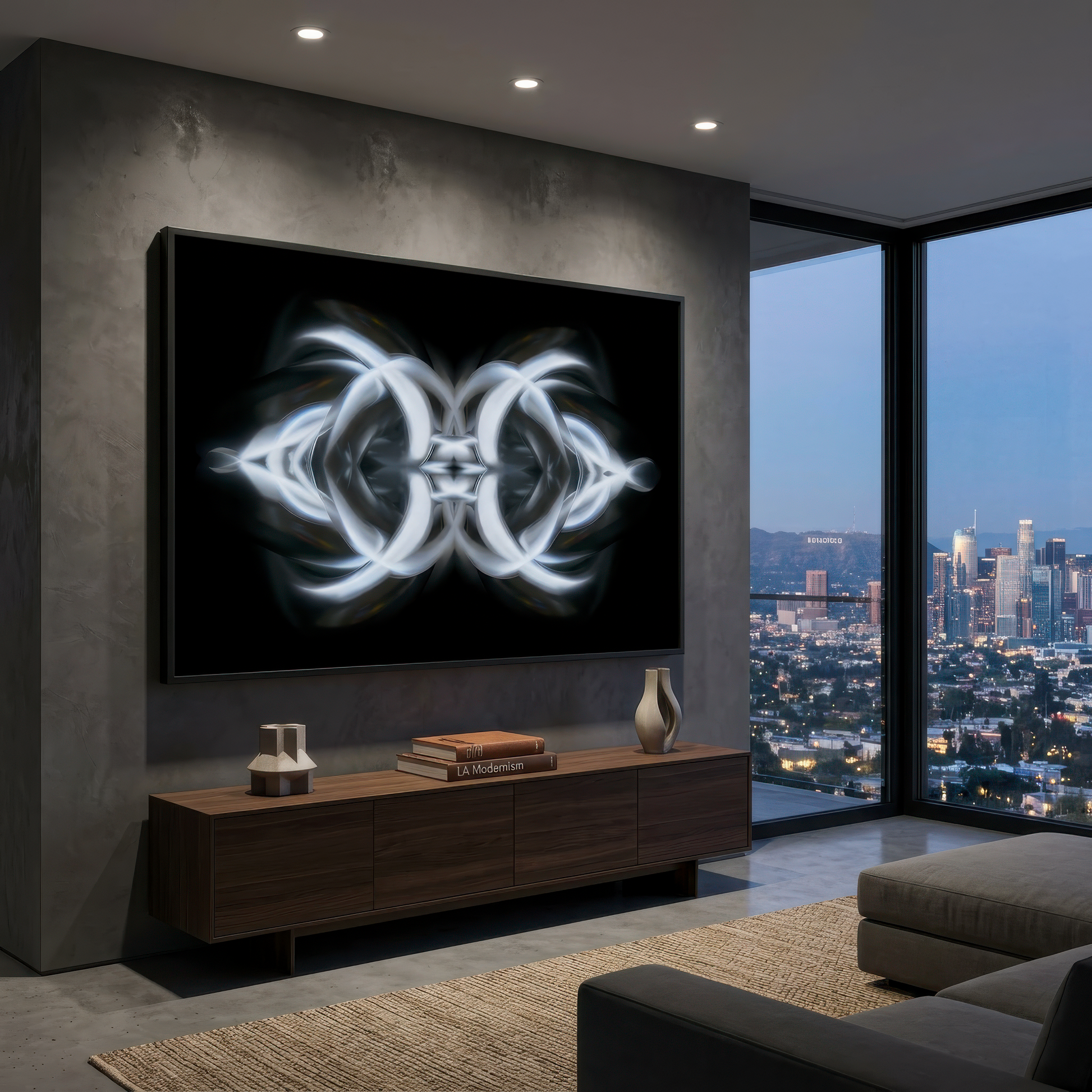 Modern living room with a large framed abstract artwork, wooden cabinet, and cityscape view.
