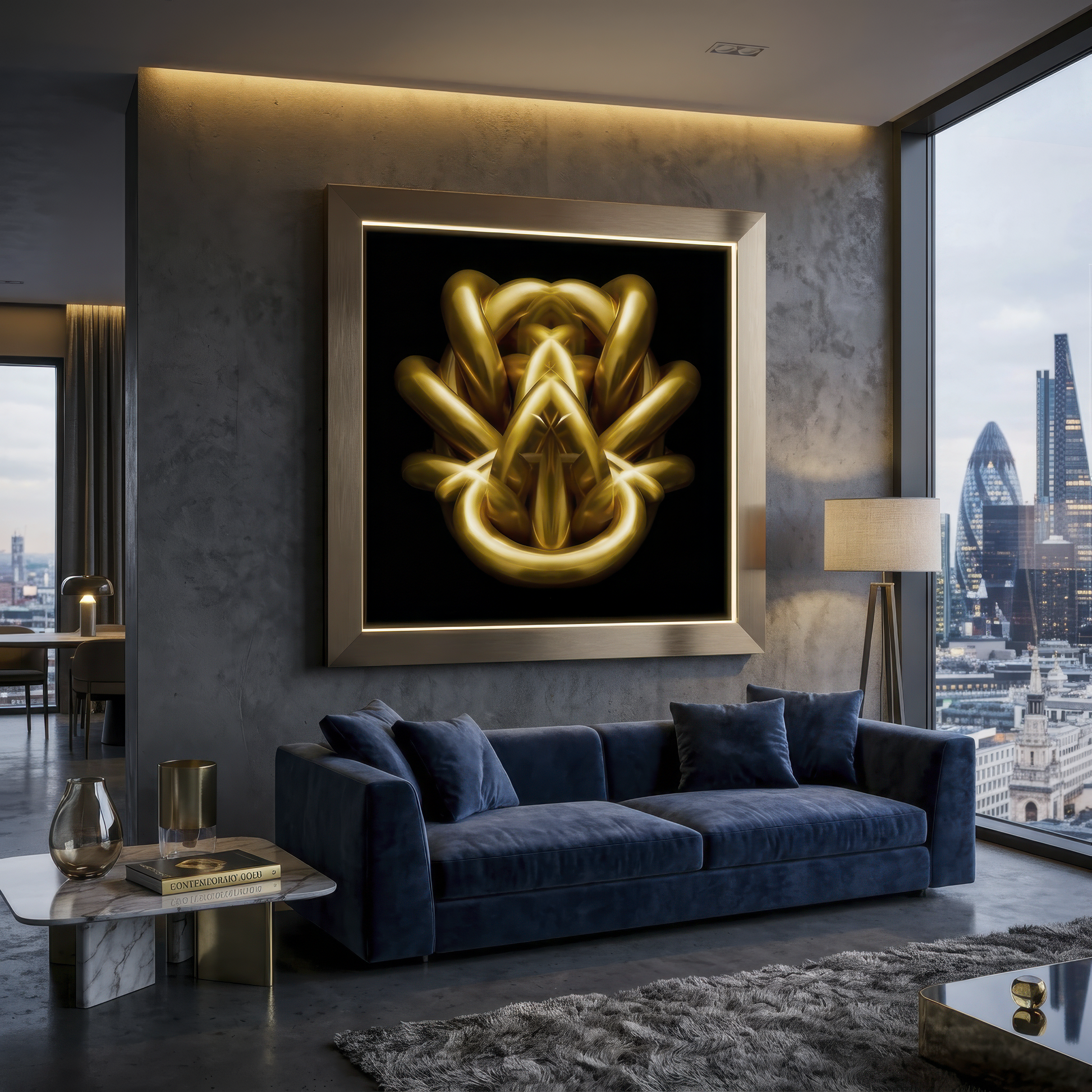 Modern living room with a blue sofa, gold-framed artwork, and cityscape view.