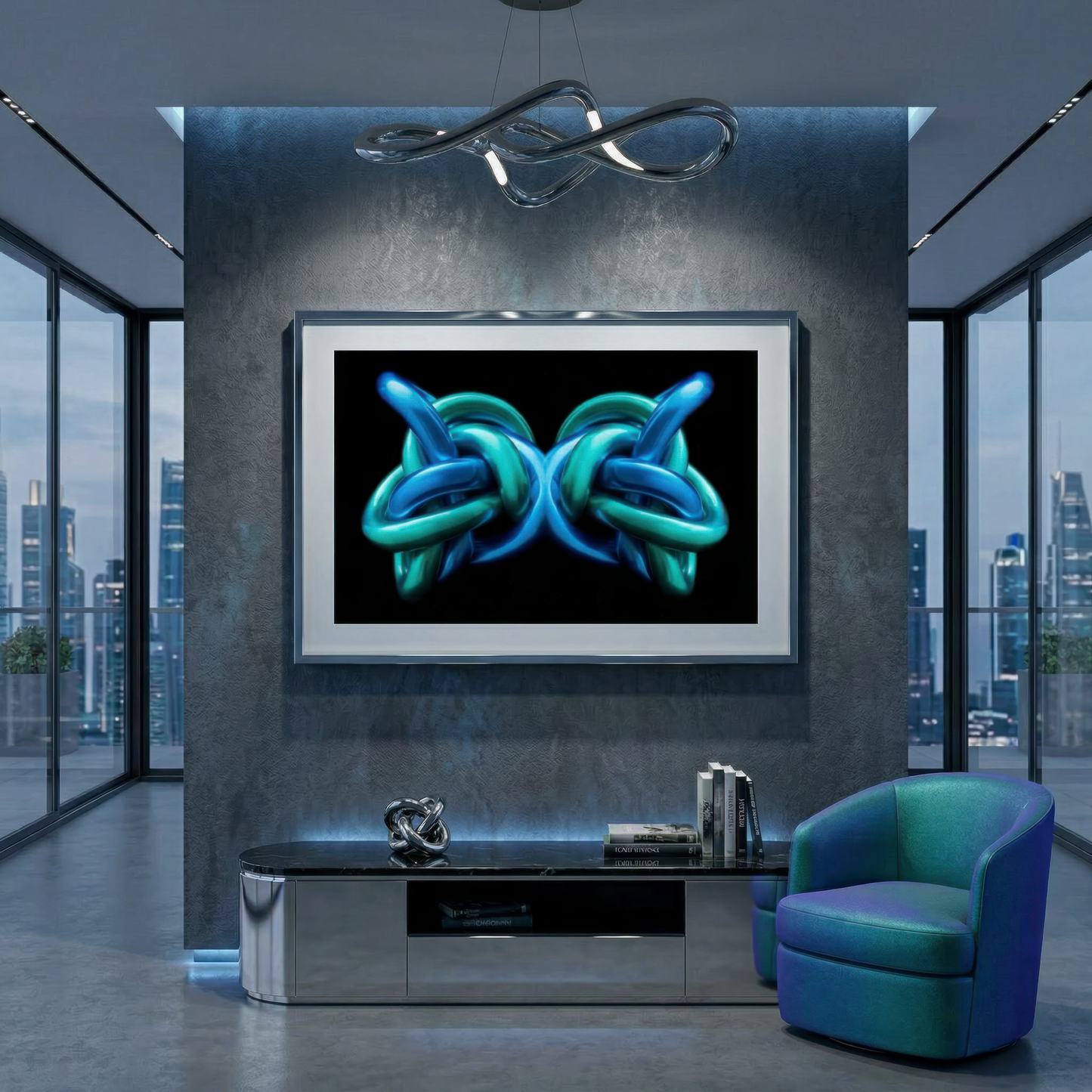 Modern living room with a large abstract photograph on the wall.