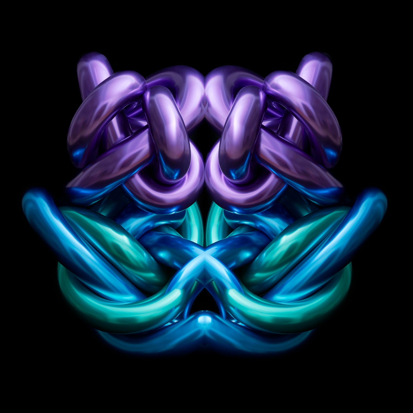 Colorful metallic flower-like structure on a black background Metallic chrome Rorschach effect
