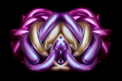 Decorative purple and gold design on a black background Metallic chrome object Rorschach effect