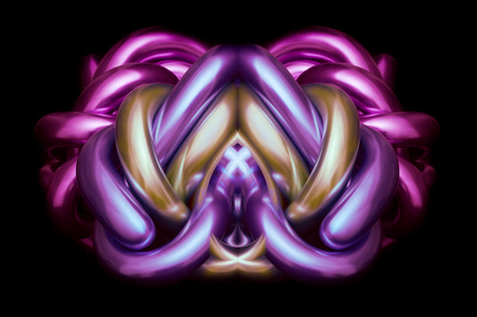 Decorative purple and gold design on a black background Metallic chrome object Rorschach effect
