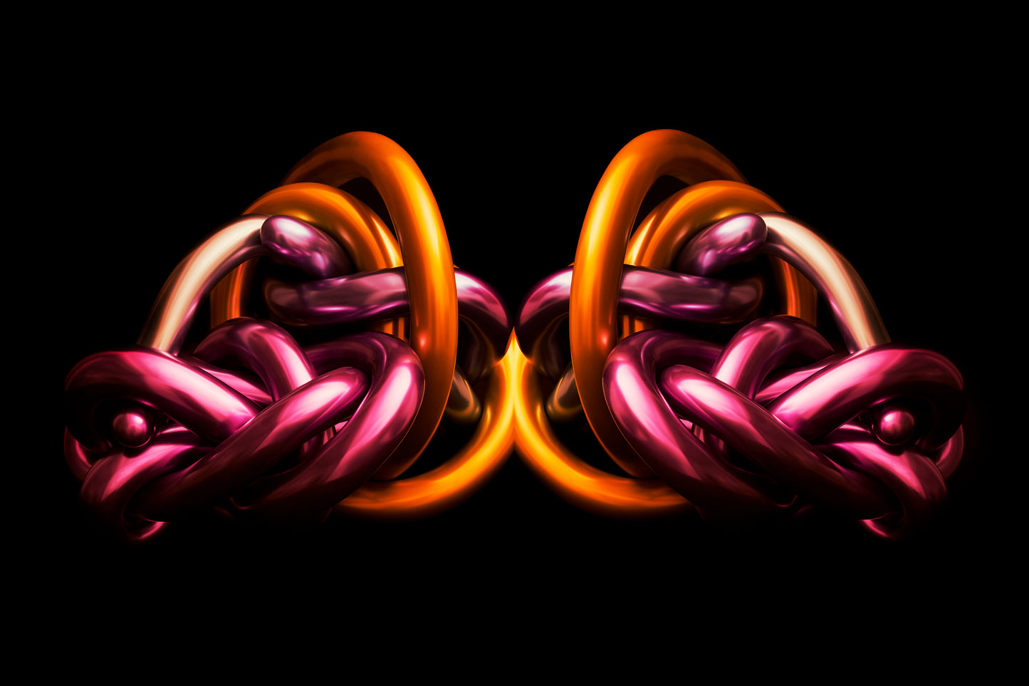 Pink and Gold Metallic chrome abstract object on a black background Rorschach effect