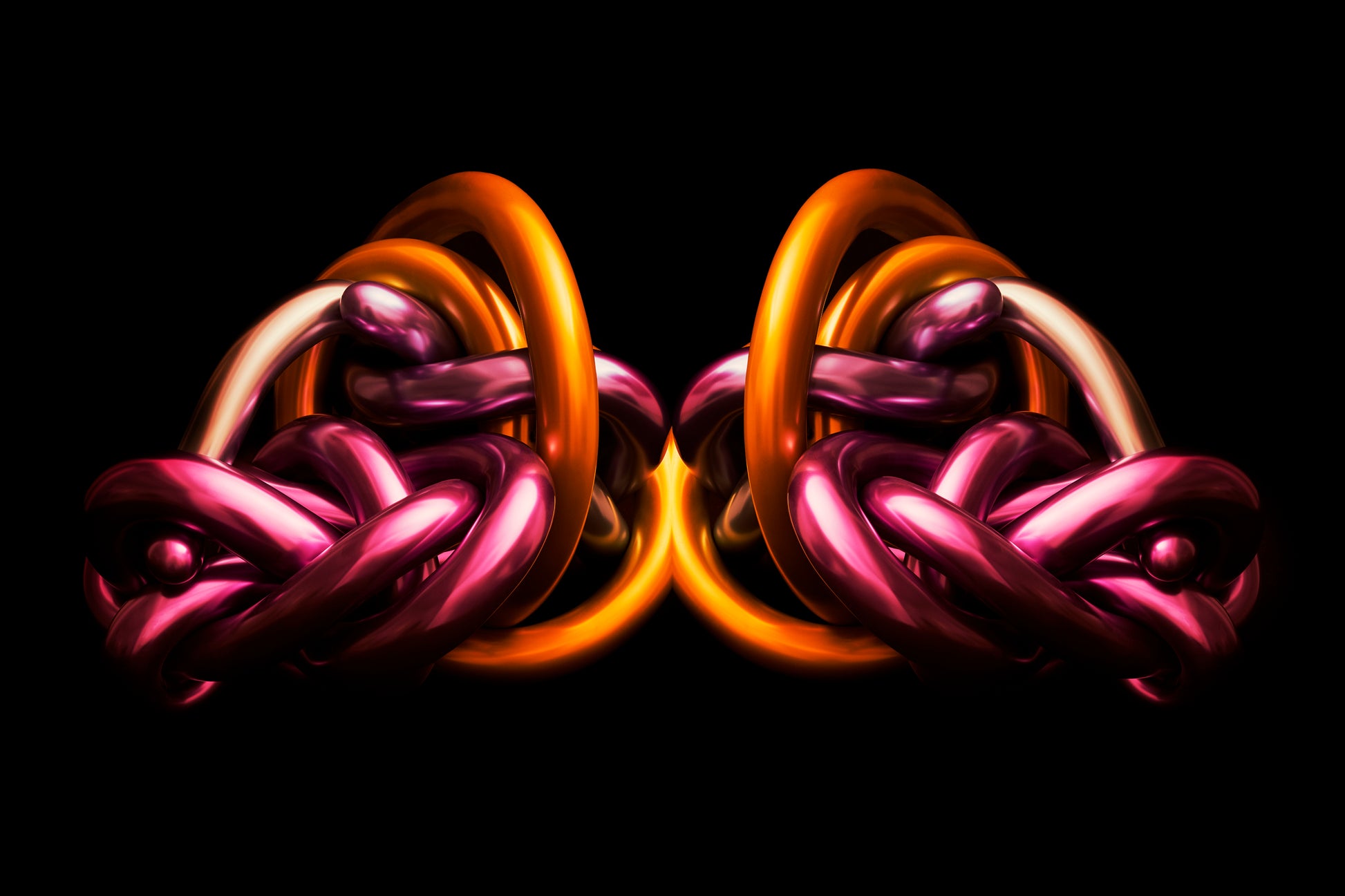 Pink and Gold Metallic chrome abstract object on a black background Rorschach effect