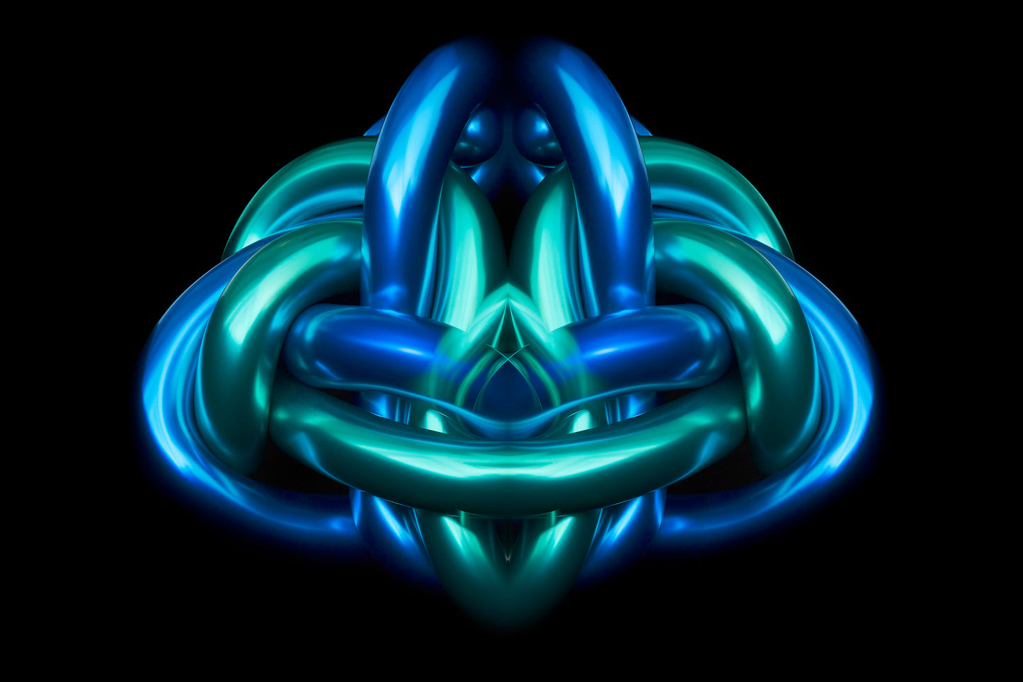 Neon blue and green abstract sculpture on a black background Metallic chrome object Rorschach effect