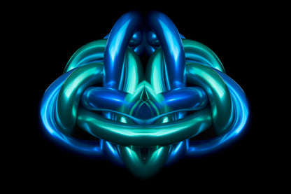 Neon blue and green abstract sculpture on a black background Metallic chrome object Rorschach effect