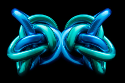 Blue and green metallic knot on a black background Metallic chrome object Rorschach effect